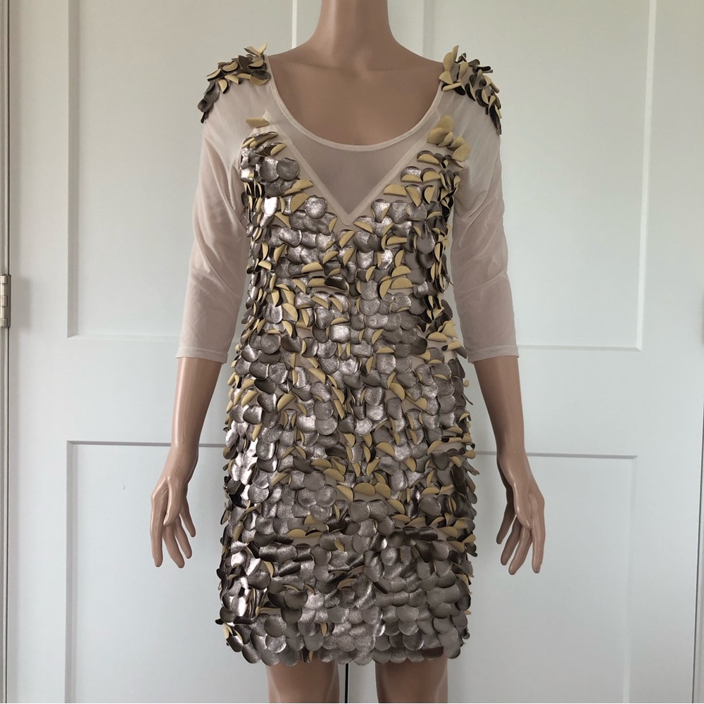 Rare Opulence Distressed Metallic Foil Panel Nude Mesh Mini Dress UK 10 US 6